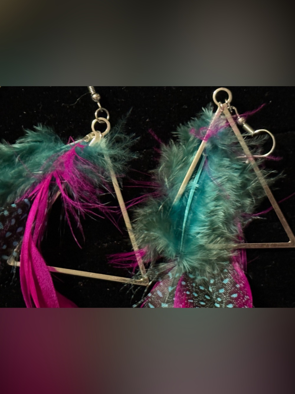 Hand Crafted Teal and Magenta Feather Triangle Drop Earrings